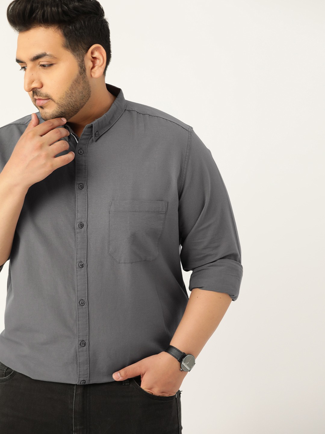 

Sztori Men Plus Size Charcoal Grey Regular Fit Pure Cotton Solid Casual Shirt
