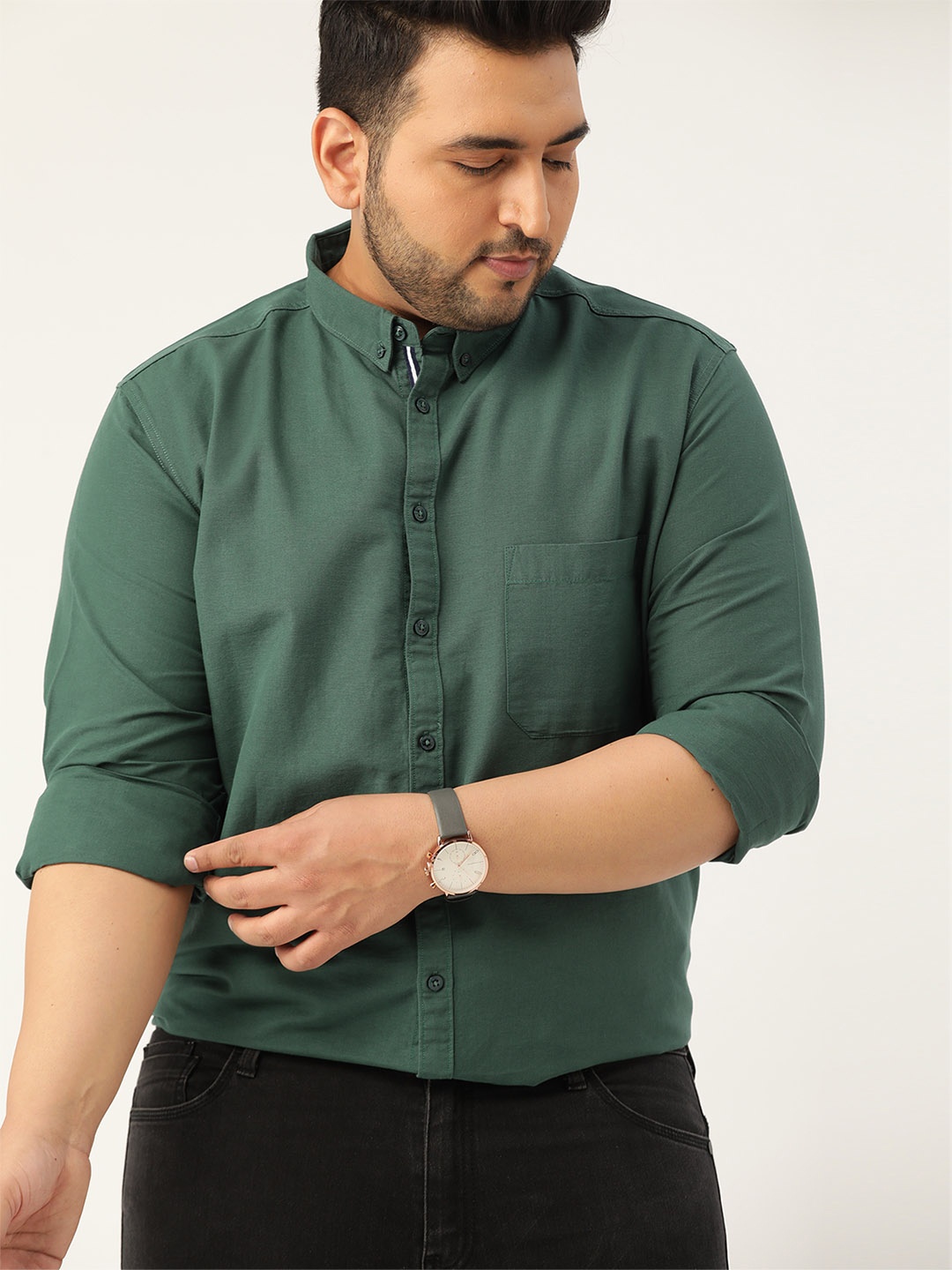 

Sztori Men Plus Size Green Regular Fit Pure Cotton Solid Casual Shirt