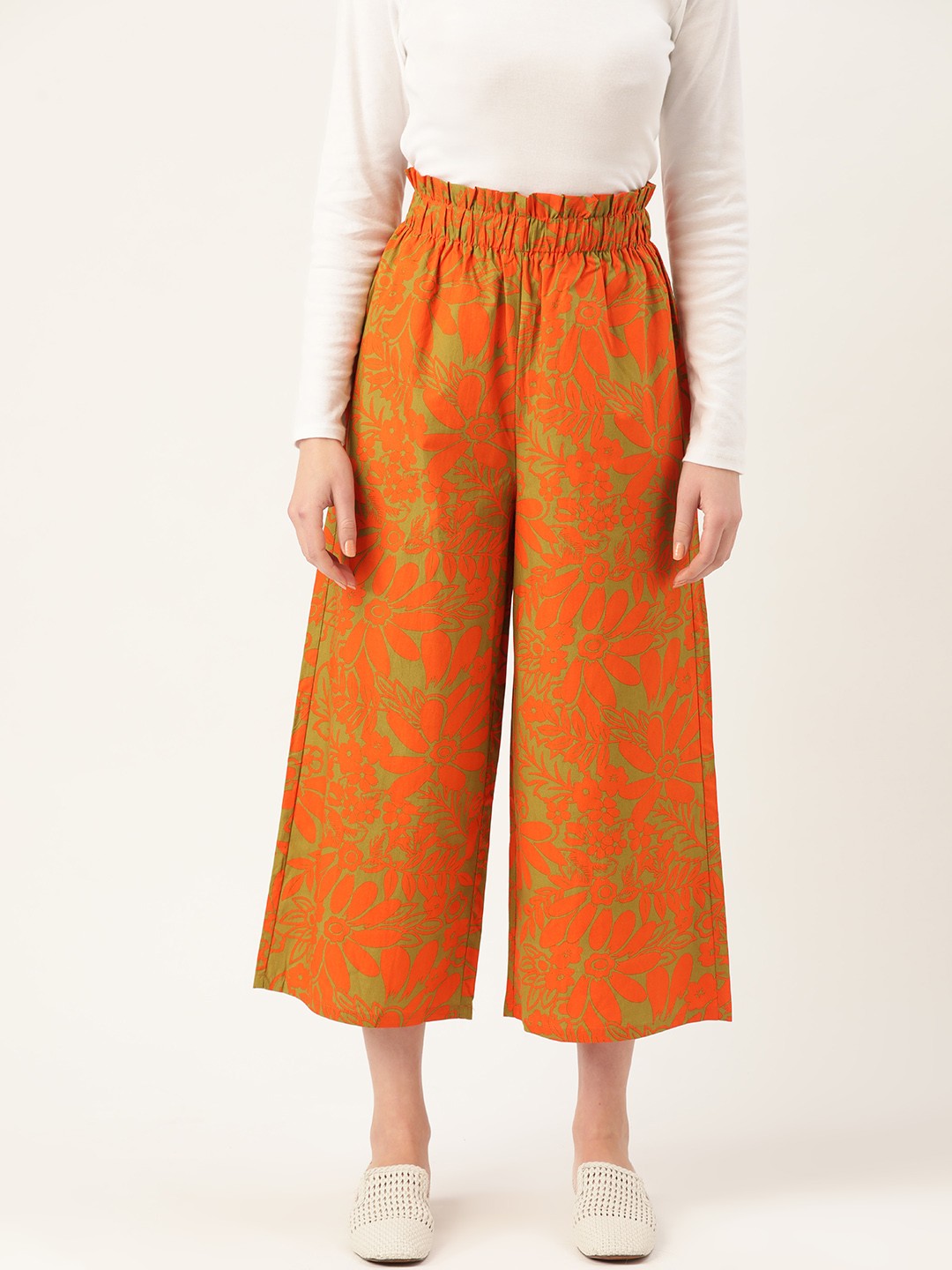 

MANGO Women Orange & Green Floral Printed Pure Cotton Cropped Parallel Trousers