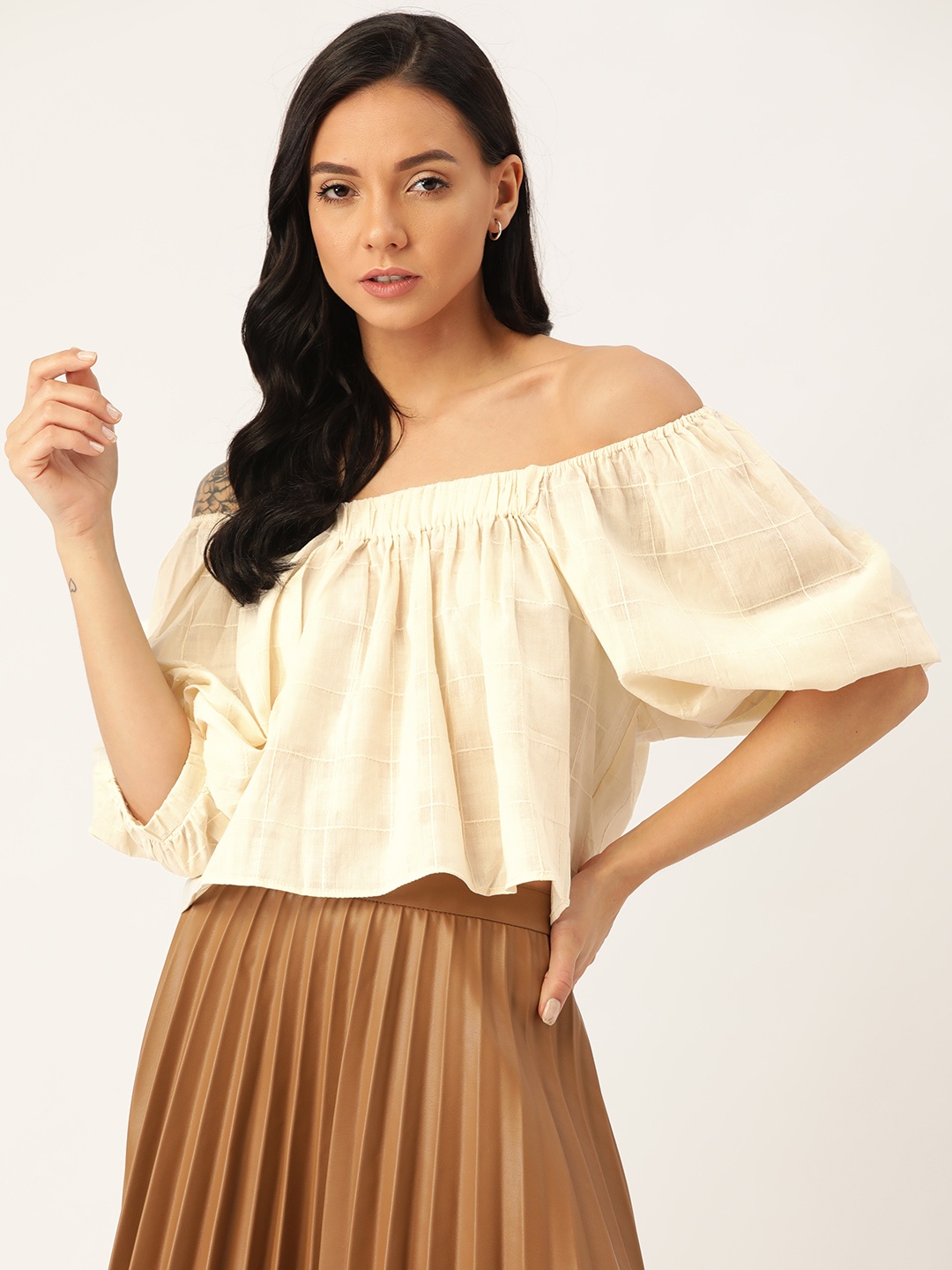 

MANGO Women Cream-Coloured Checked Pure Cotton Cropped Bardot Top With Puff Sleeves