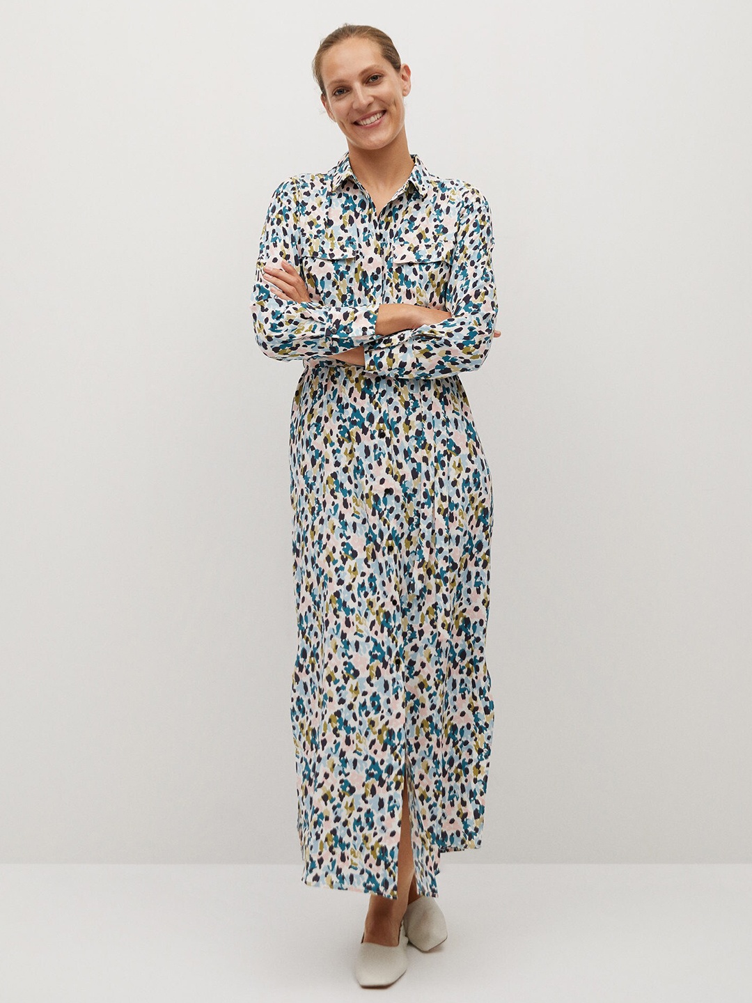 

MANGO Women White & Blue Printed Maxi Dress