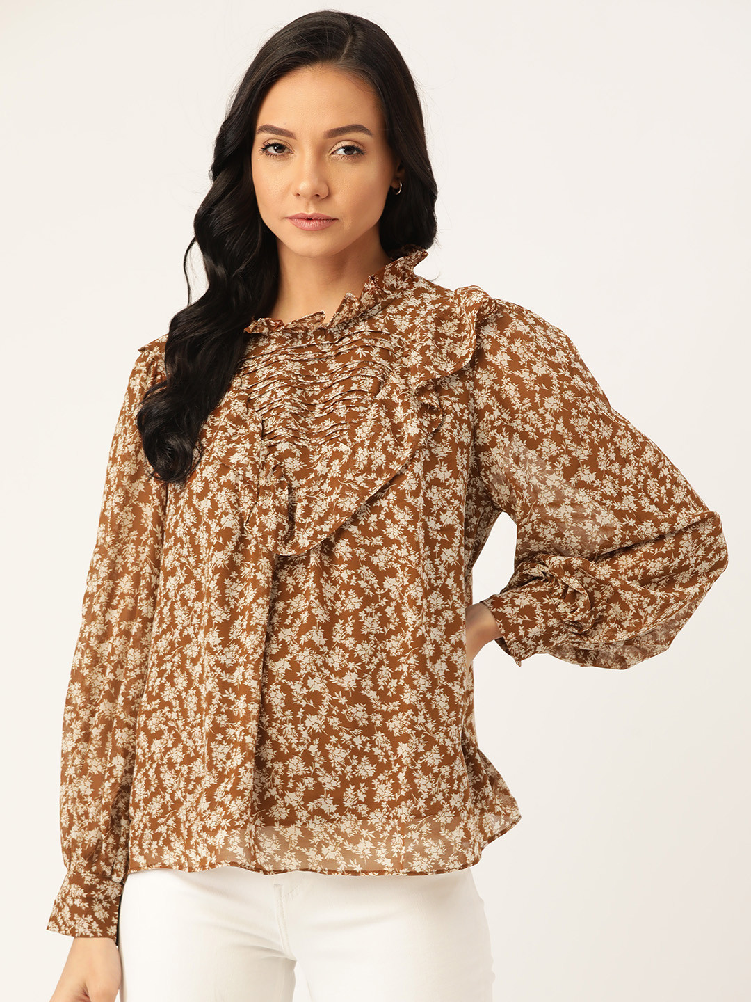 

MANGO Women Brown & Off-White Floral Printed Semi-Sheer Sustainable Top With Ruffles