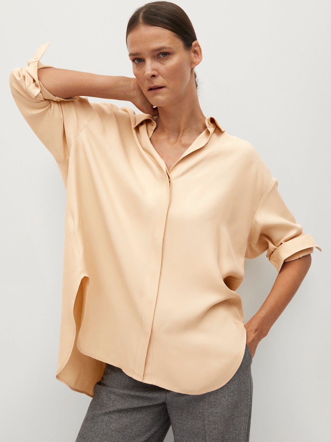 

MANGO Women Beige Regular Fit Solid Casual High-Low Shirt