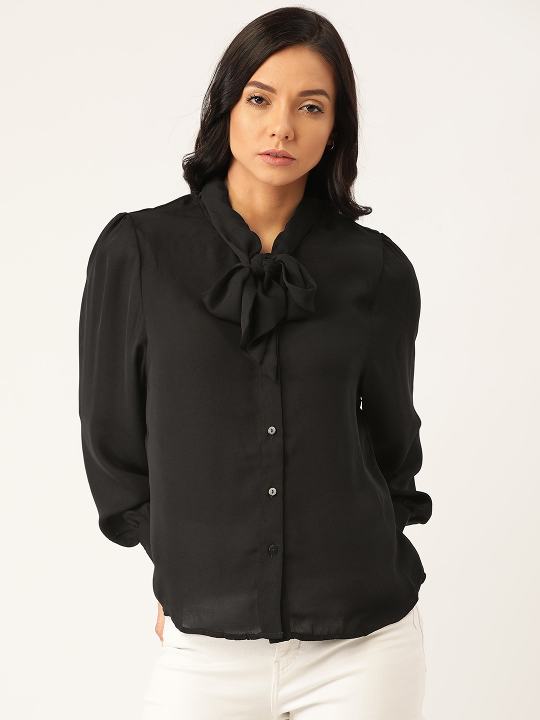 

MANGO Women Black Regular Fit Solid Casual Shirt With Tie-Ups