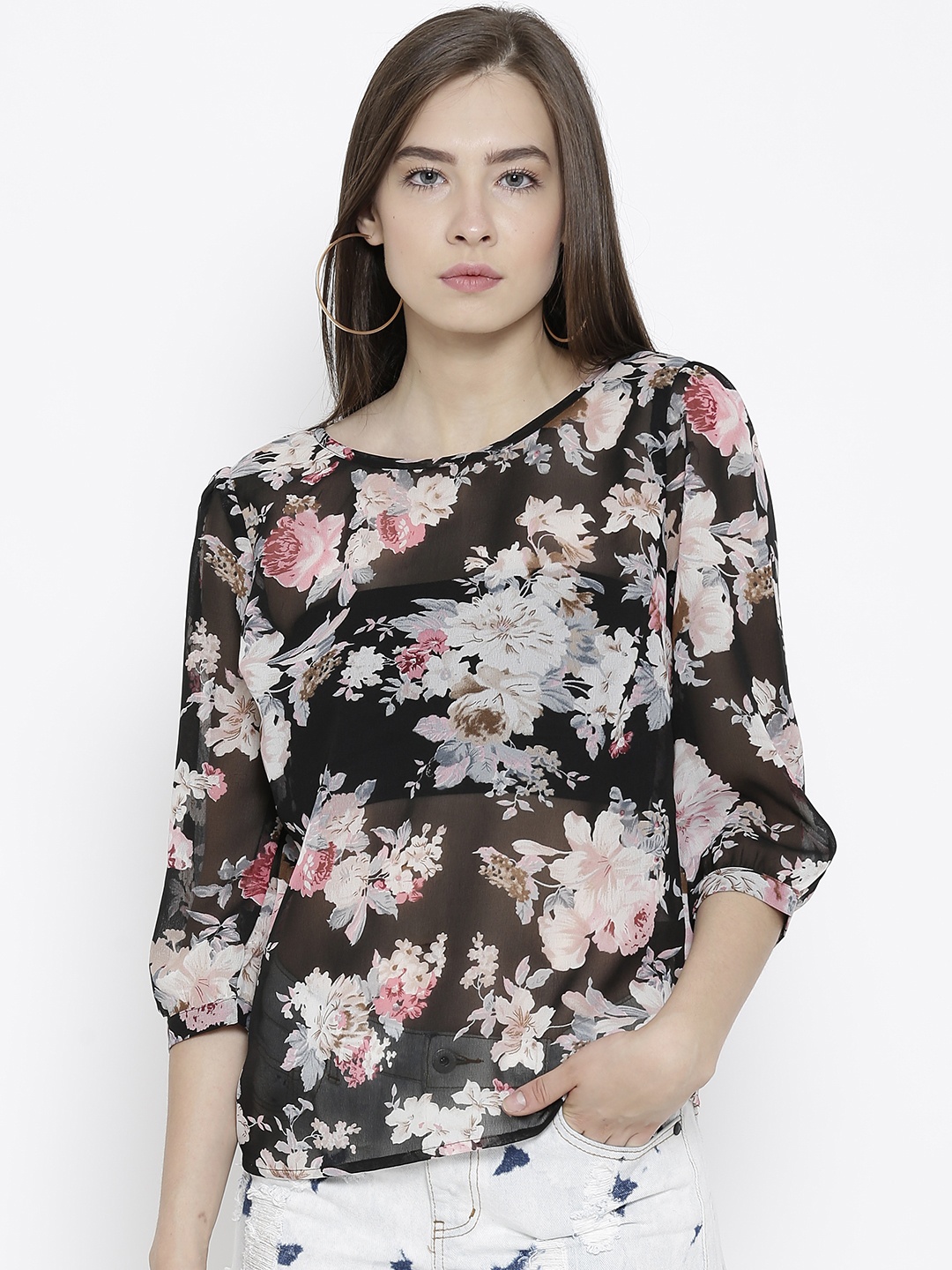 

Sera Black Floral Print Sheer Top