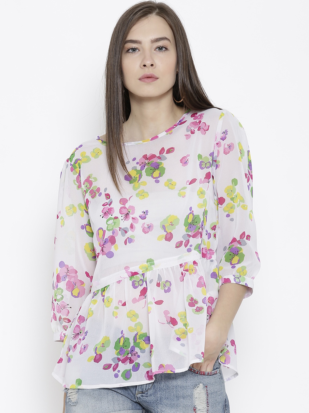 

Sera Off-White Floral Print Sheer Top