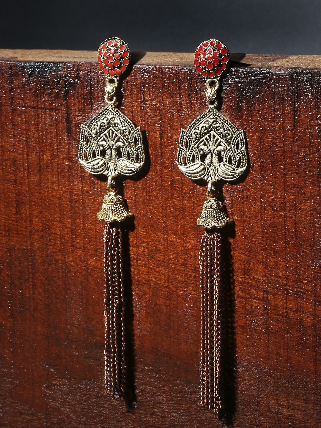 

OOMPH Maroon & Gold-Toned Peacock Shaped Drop Earrings
