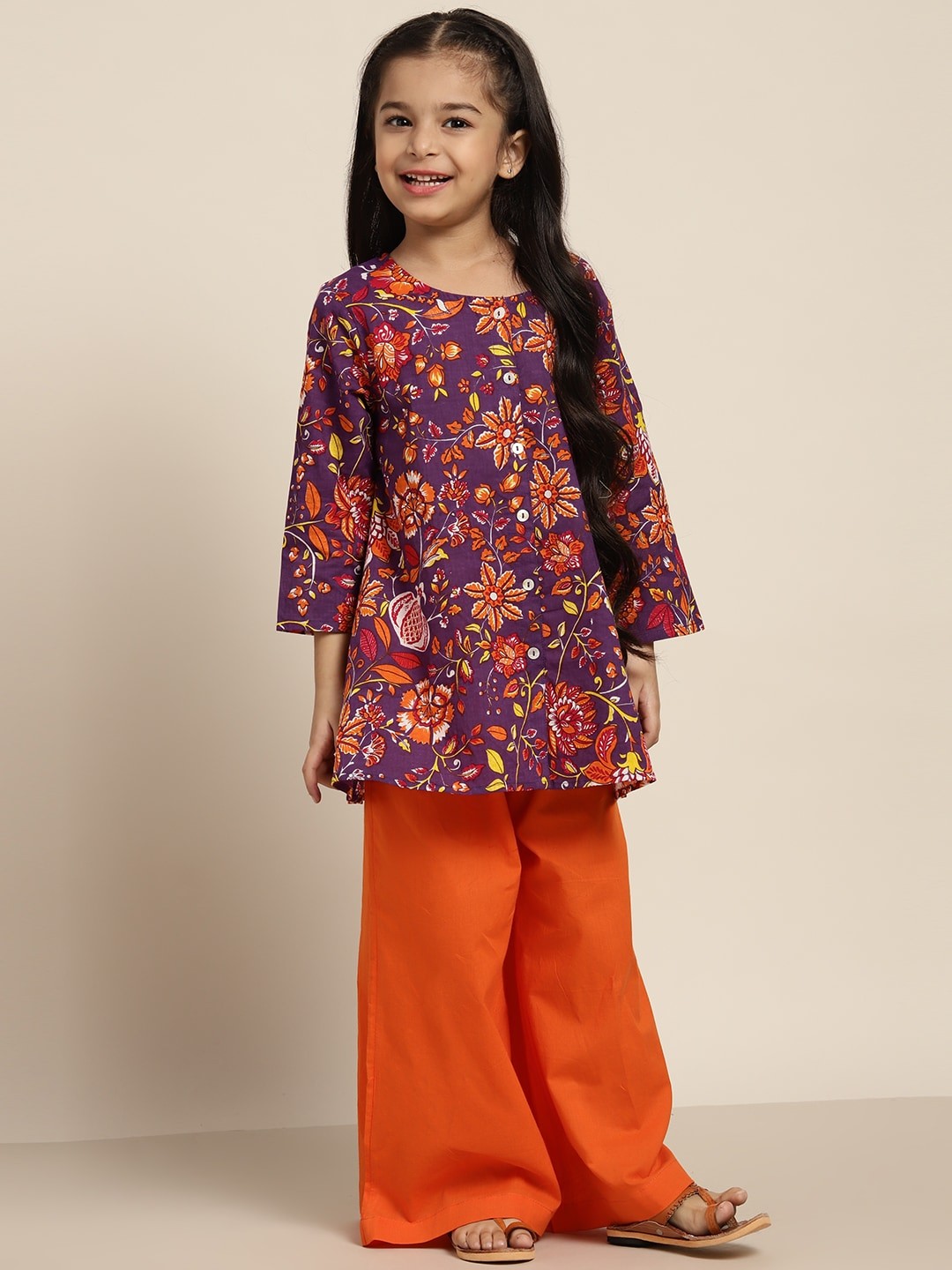 

Sangria Girls Purple & Orange Floral Print Pure Cotton A-Line Top