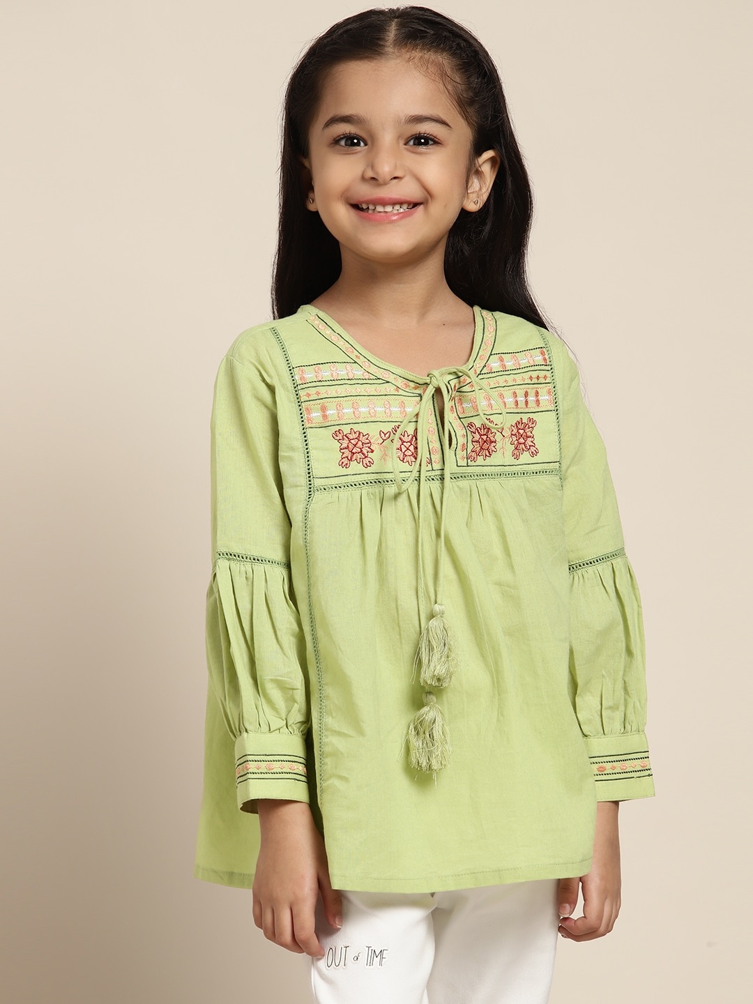 

Sangria Girls Green & Peach-Coloured Embroidered Bishop Sleeves Pure Cotton Top