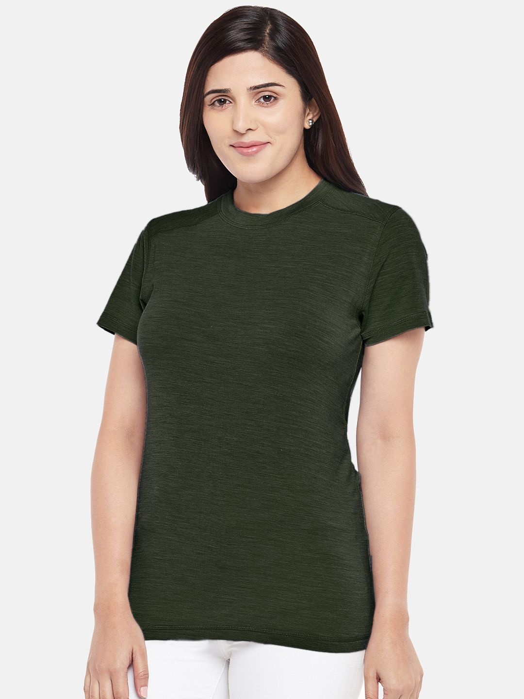 

Kosha Women Plus Size Olive Green Merino Wool & Bamboo Half Sleeves Thermal Top