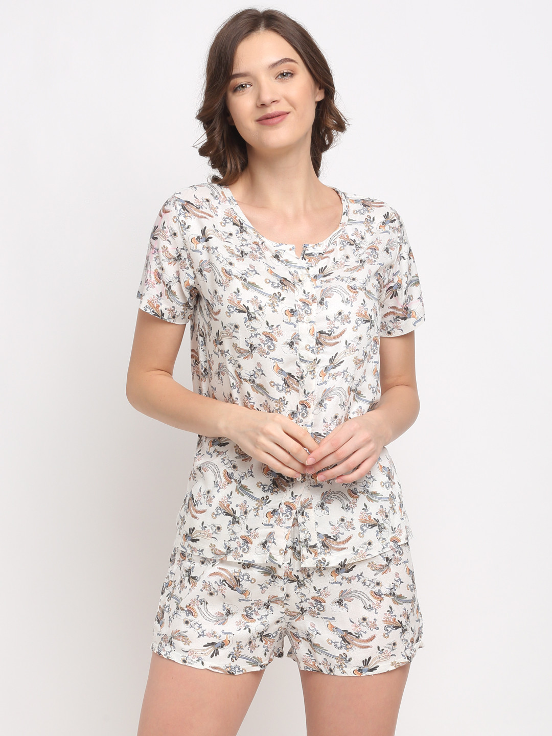 

EROTISSCH Women White & Brown Floral Printed Night Suit