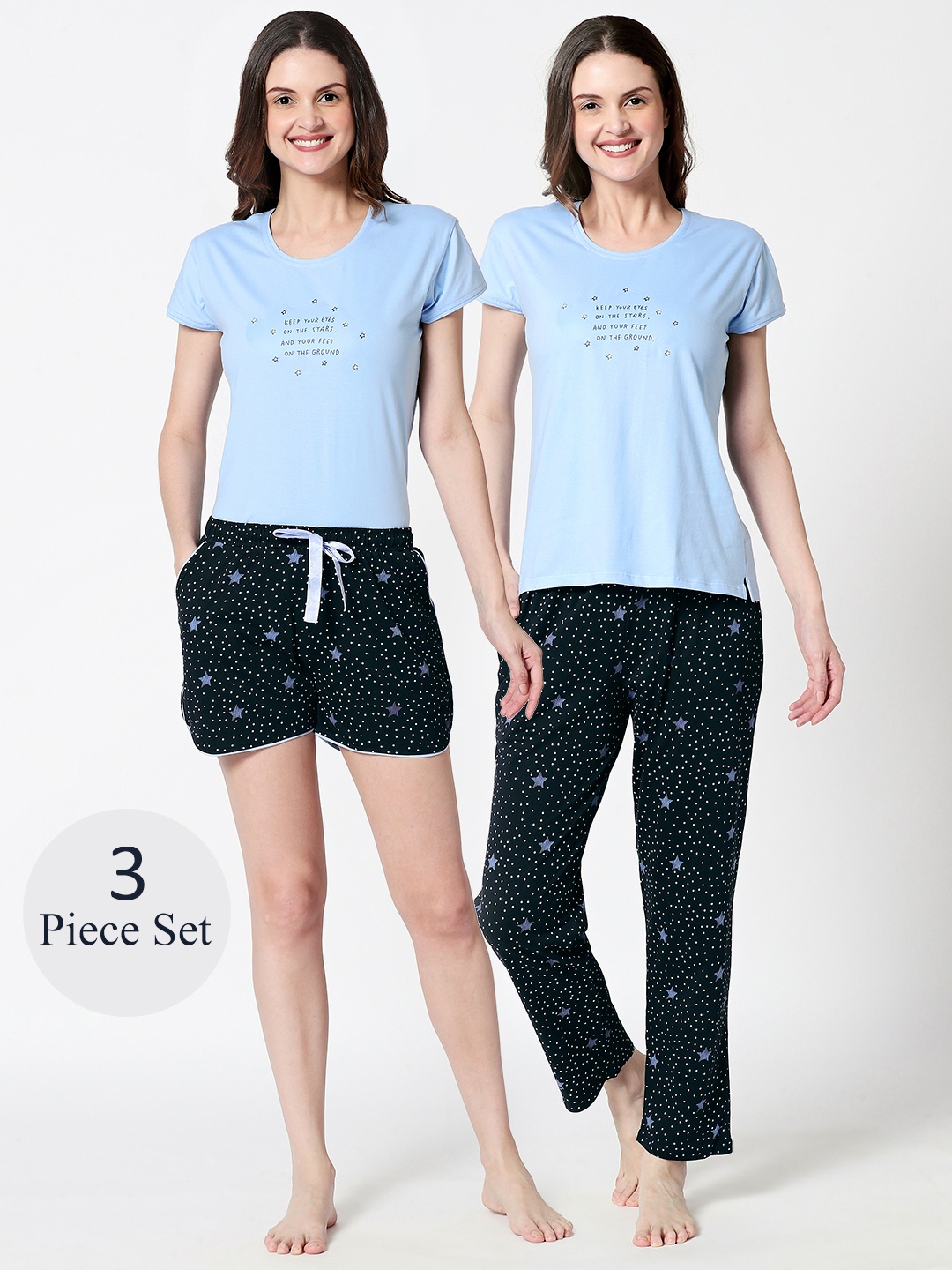 

Zeyo Women 3-Pcs Blue & Black Printed Night Suit