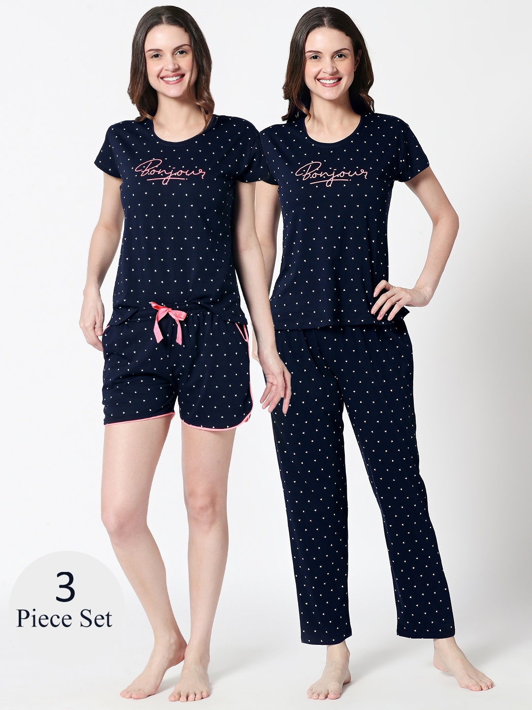 

Zeyo Women Printed Pure Cotton Top With Pajama, Short, Navy blue