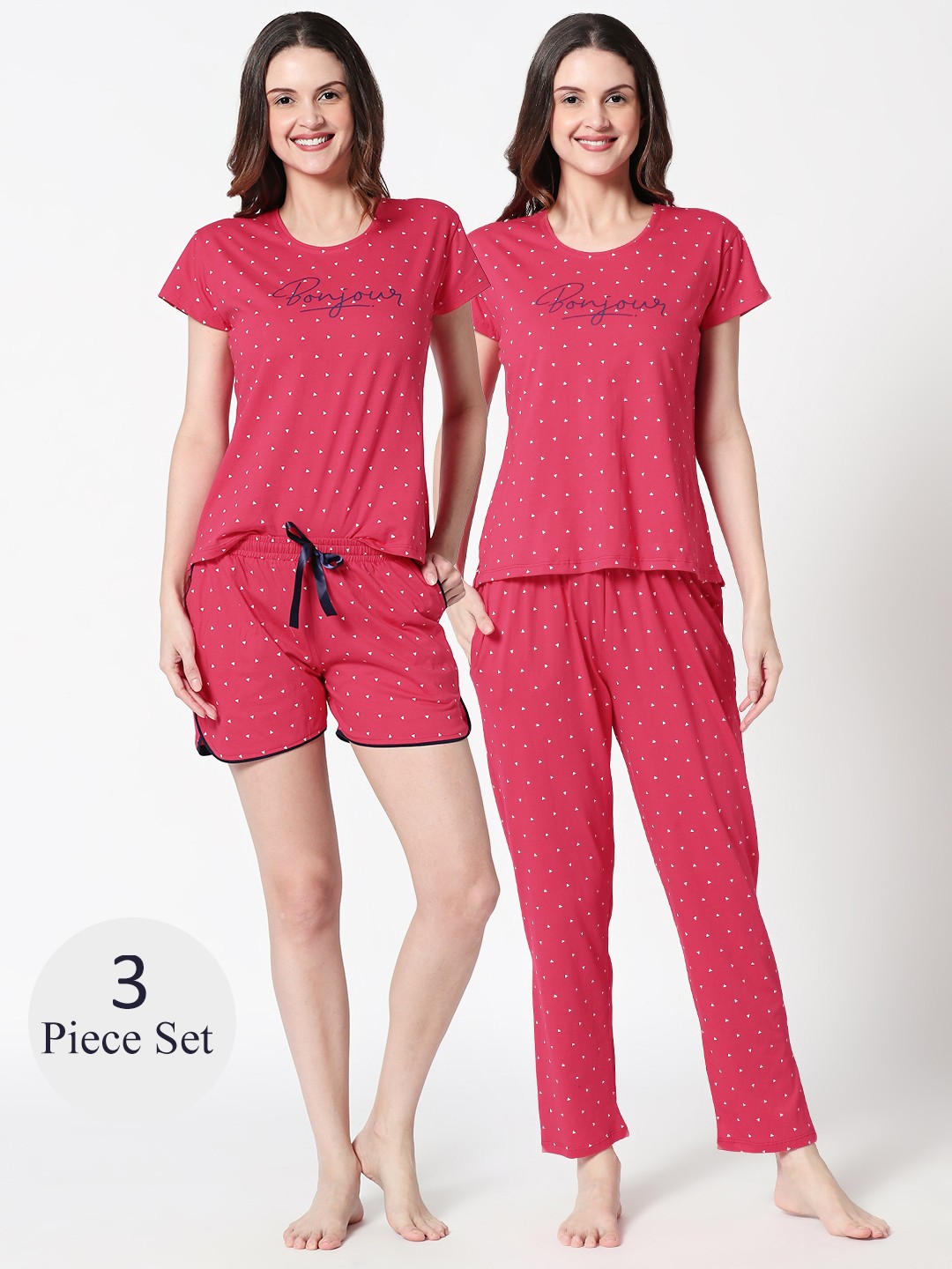 

Zeyo Women Printed Pure Cotton Top With Pajama, Short, Pink