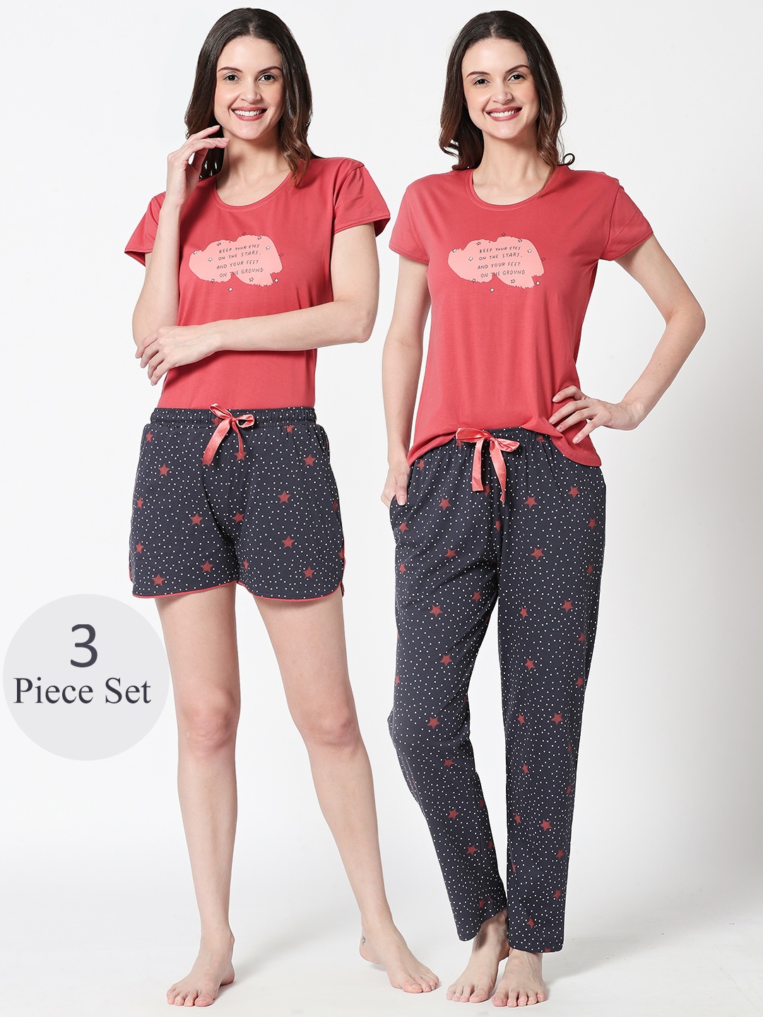 

Zeyo Women 3-Pcs Brown & Grey Night Suit, Red