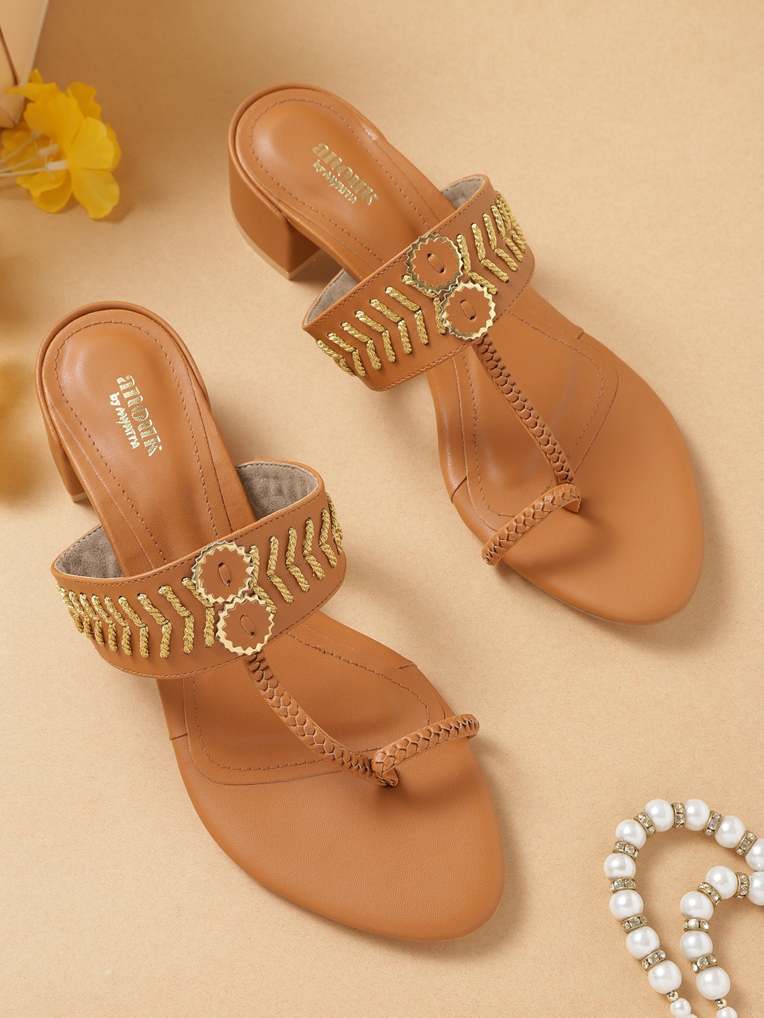 

Anouk Women Tan Brown & Gold-Toned Braided Handcrafted One-Toe Block Heels