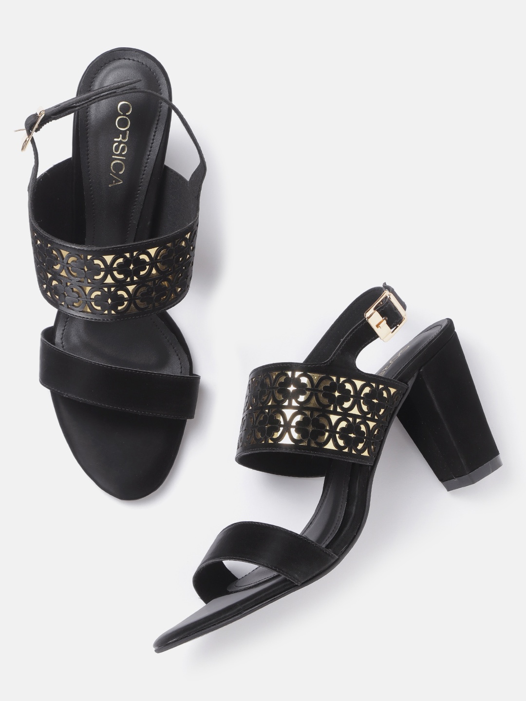 

CORSICA Women Black & Gold-Toned Handcrafted Cut Work Block Heels