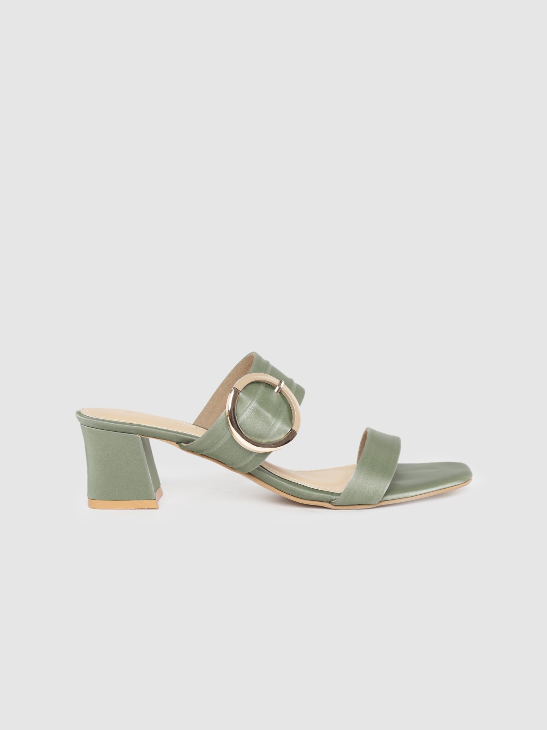 

DressBerry Women Green Solid Handcrafted Block Heels with Buckle Detail