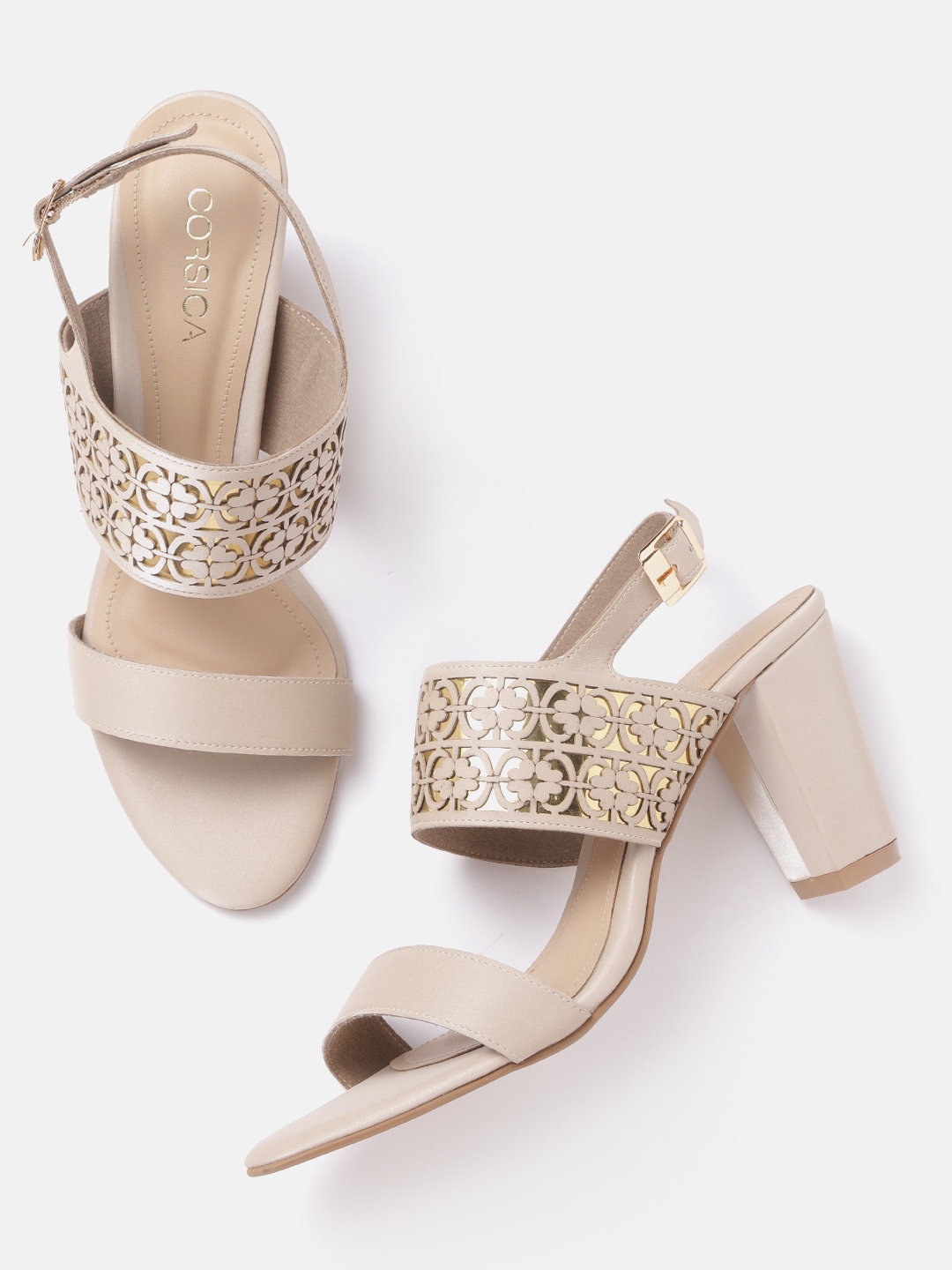 

CORSICA Women Beige & Gold-Toned Cut Work Handcrafted Block Heels