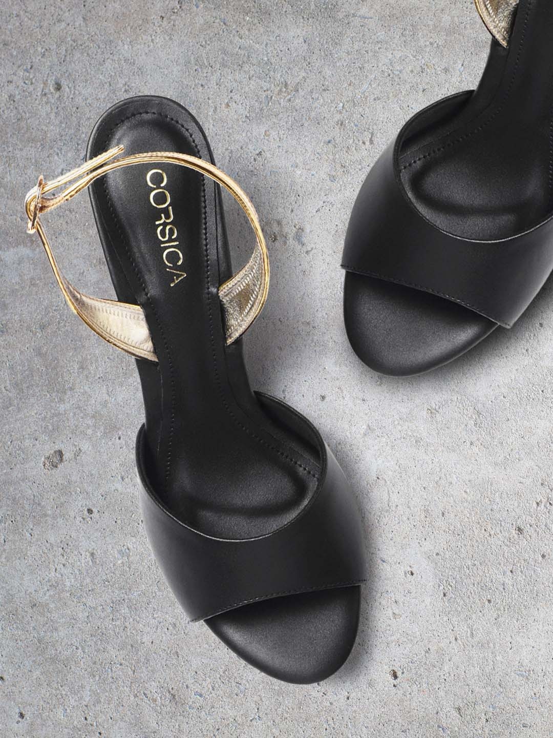 

CORSICA Women Black & Gold-Toned Solid Handcrafted Block Heels