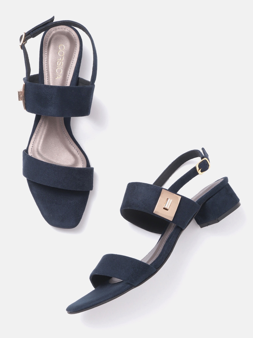 

CORSICA Women Navy Blue Solid Velvet Finish Handcrafted Block Heels