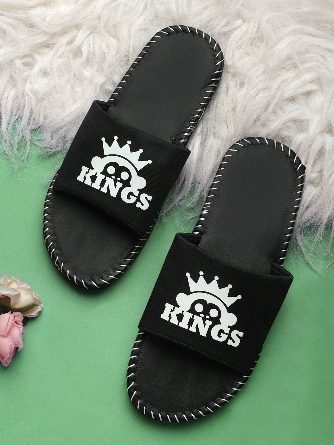 

Pampy Angel Men Black & White Printed Water-Resistant Sliders