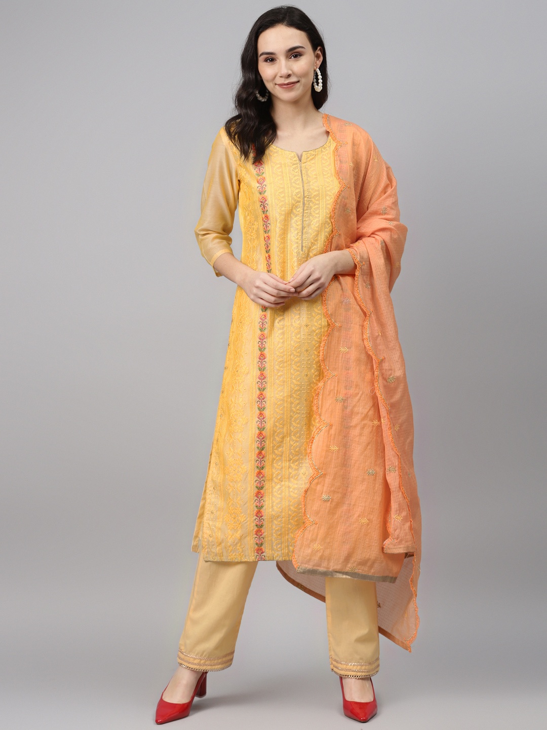 

Biba Yellow & Peach-Coloured Embroidered Unstitched Dress Material