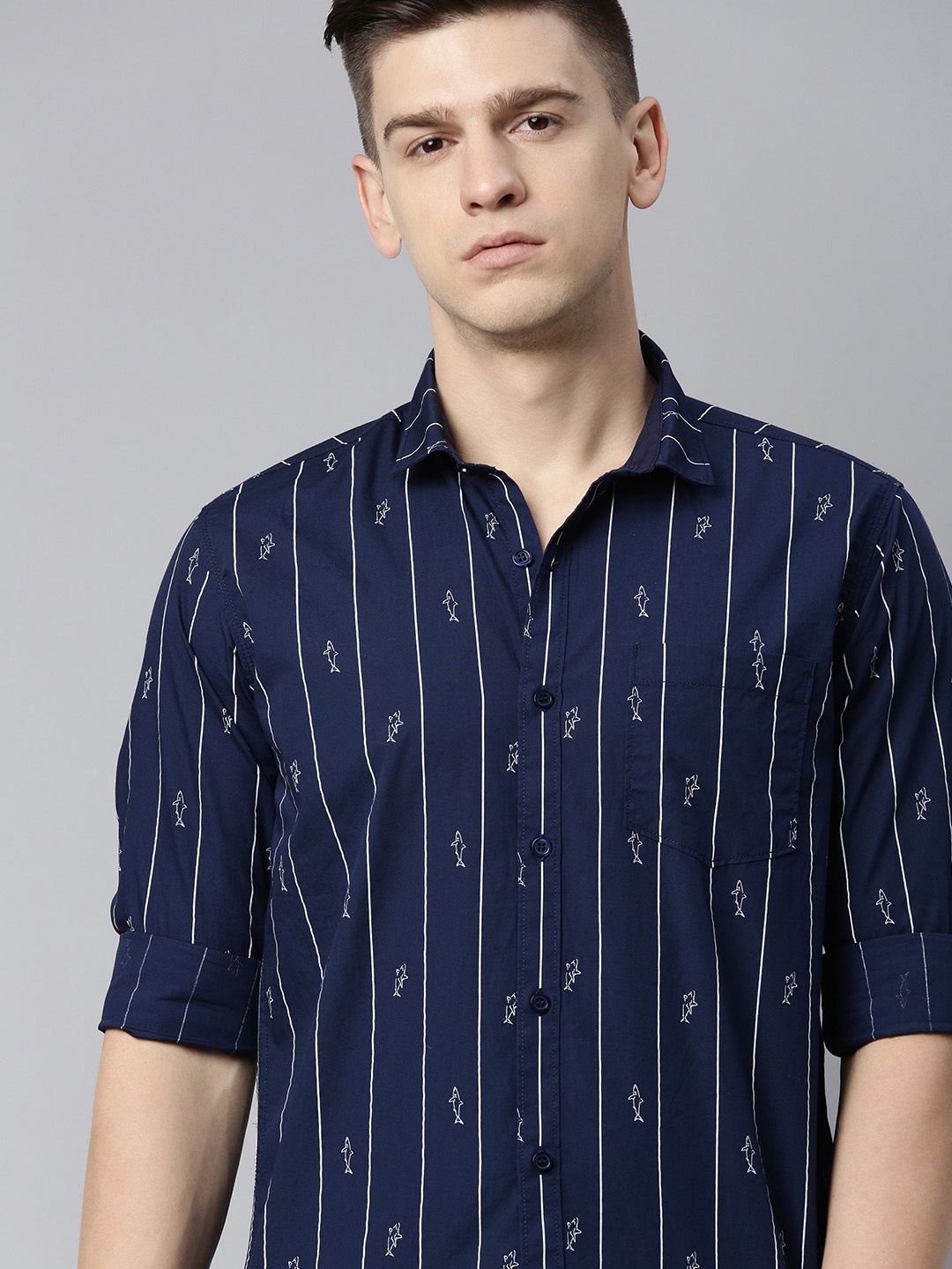 

Mast & Harbour Men Navy Blue & White Striped Casual Shirt