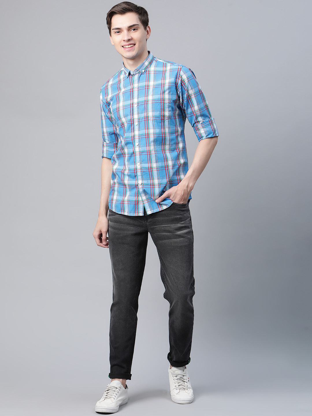 

Mast & Harbour Men Blue Regular Fit Checked Pure Cotton Casual Shirt
