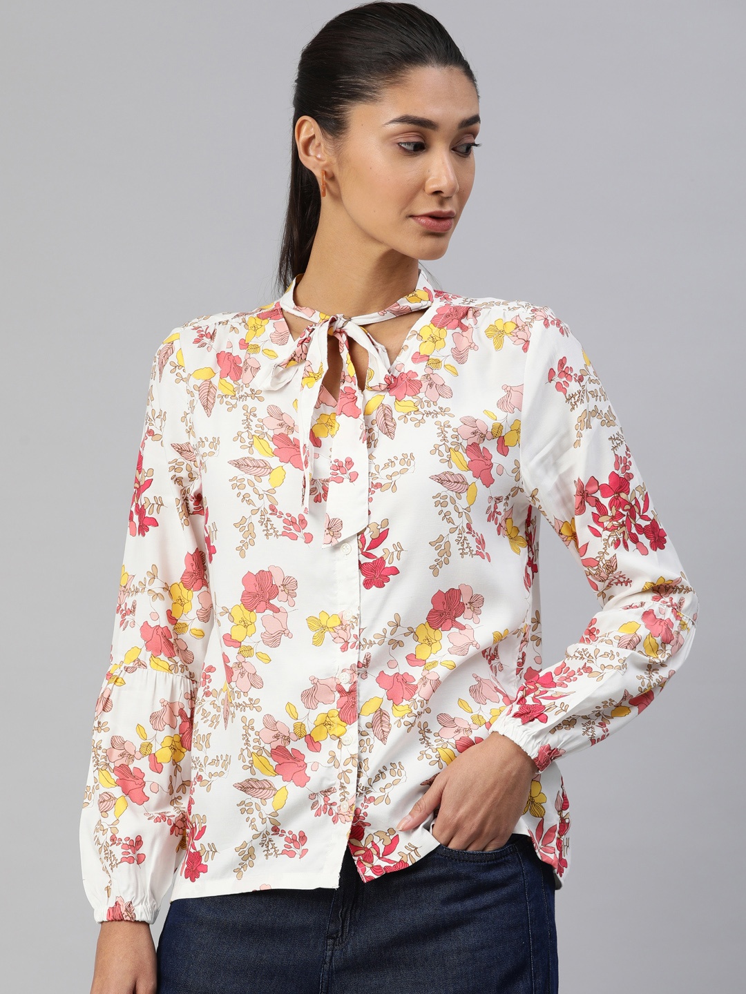 

Van Heusen Woman Off-White & Pink Floral Printed Shirt Style Top