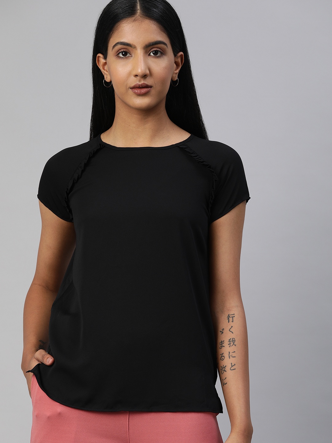 

Van Heusen Woman Black Solid Top with Ruffles