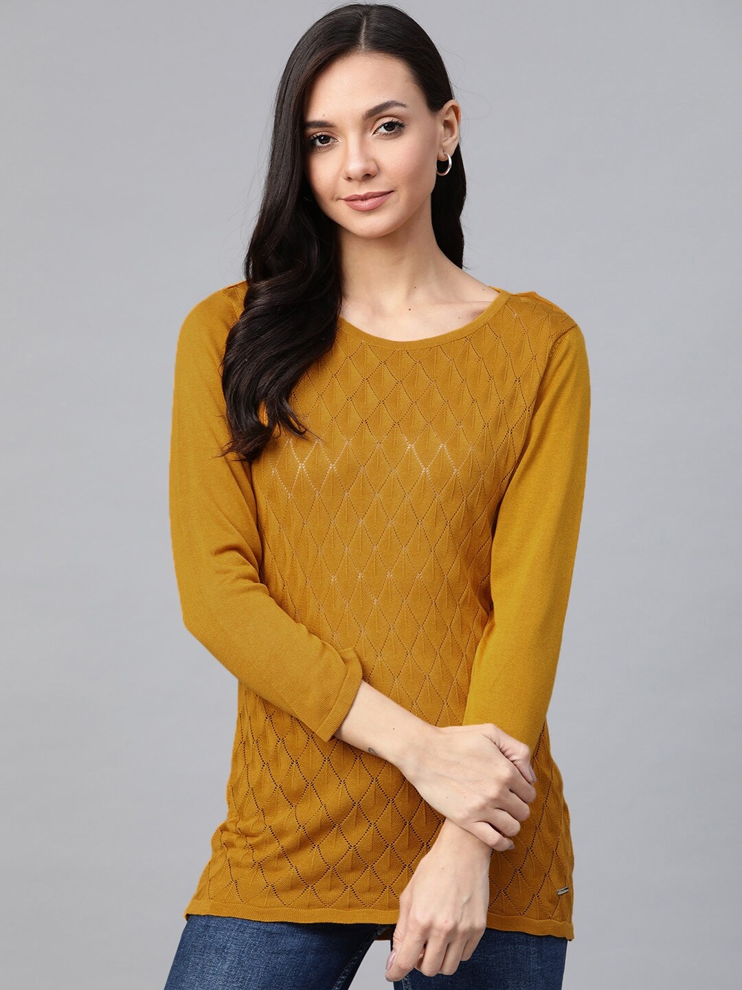

Van Heusen Woman Women Mustard Yellow Geometric Self Design Semi-Sheer Top