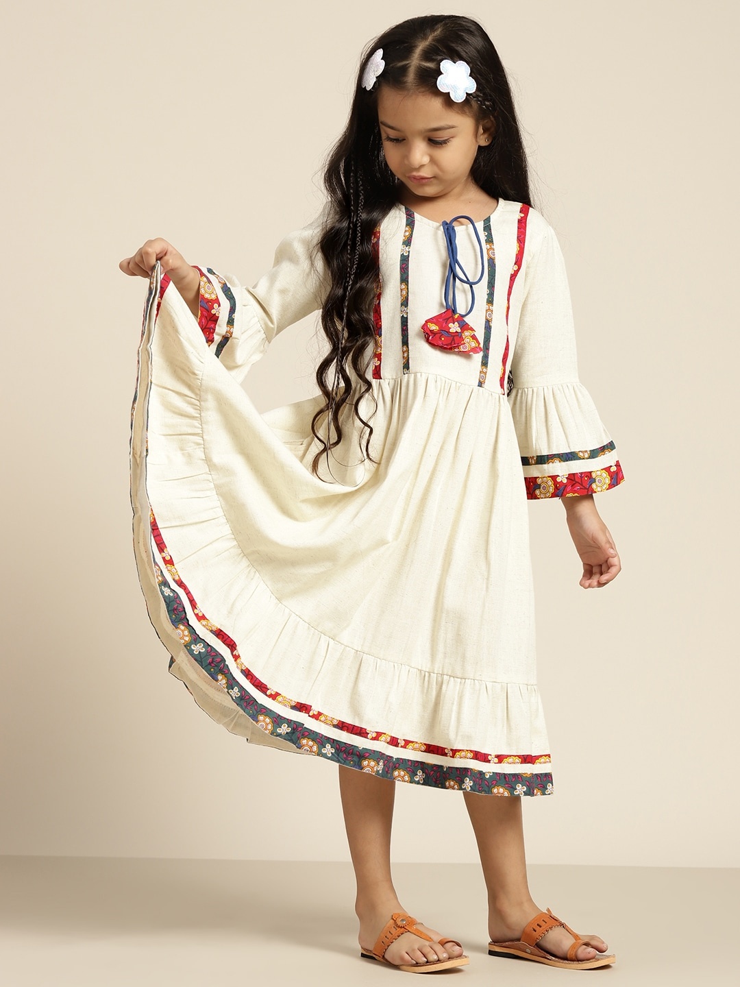 

Sangria Girls Off-White Solid Gathered A-Line Dress with Ethnic Print & Tie-Up Detail