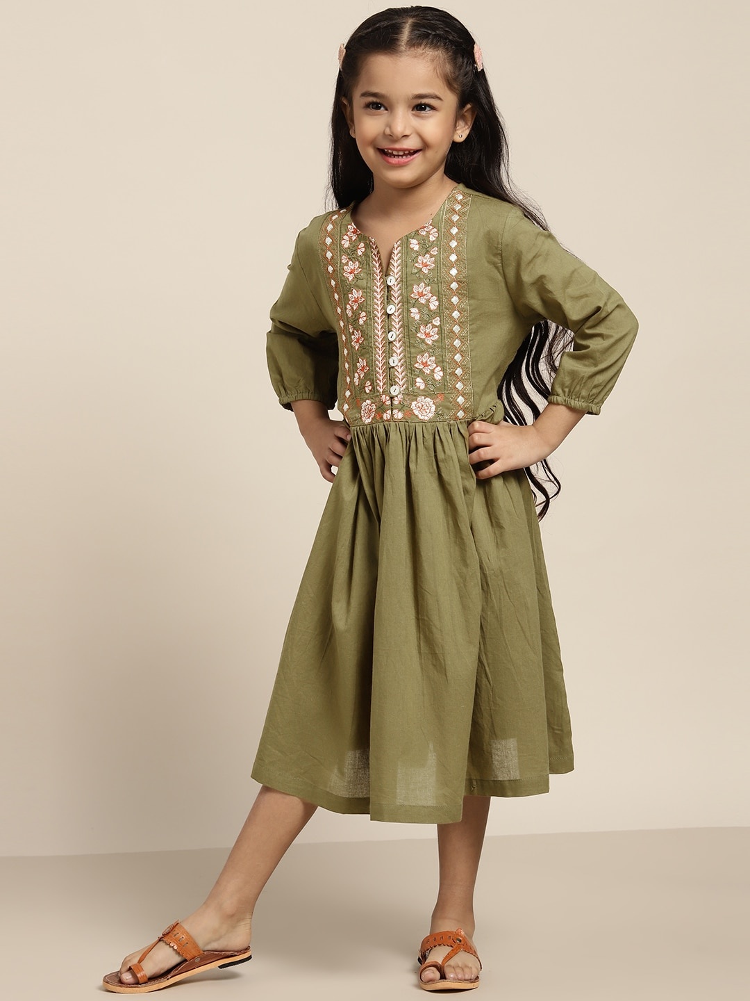 

Sangria Girls Olive Green & Pink Floral Yoke Design Cotton A-Line Kurta