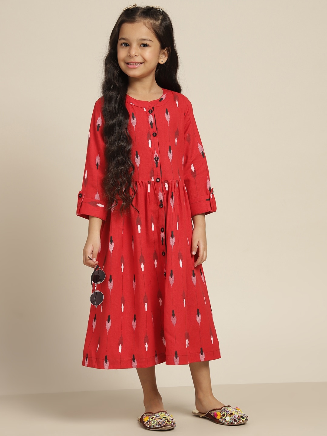 

Sangria Girls Red & White Pure Cotton Geometric Print A-Line Dress