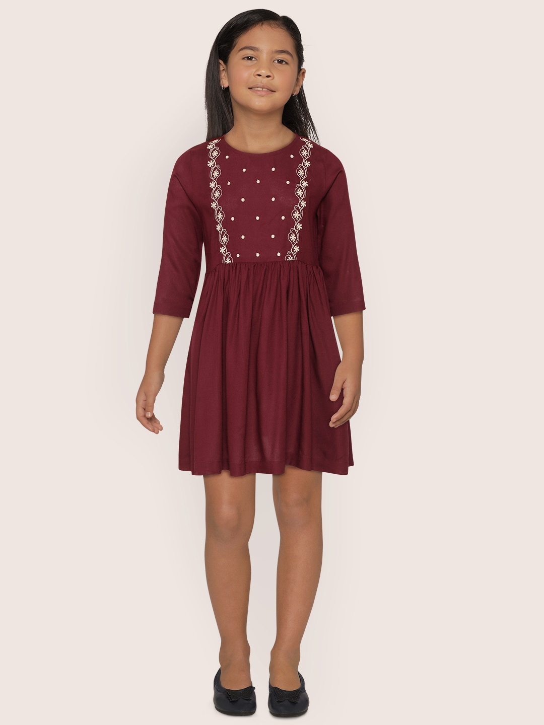 

Sangria Girls Maroon Embroidered Yoke Design A-Line Dress