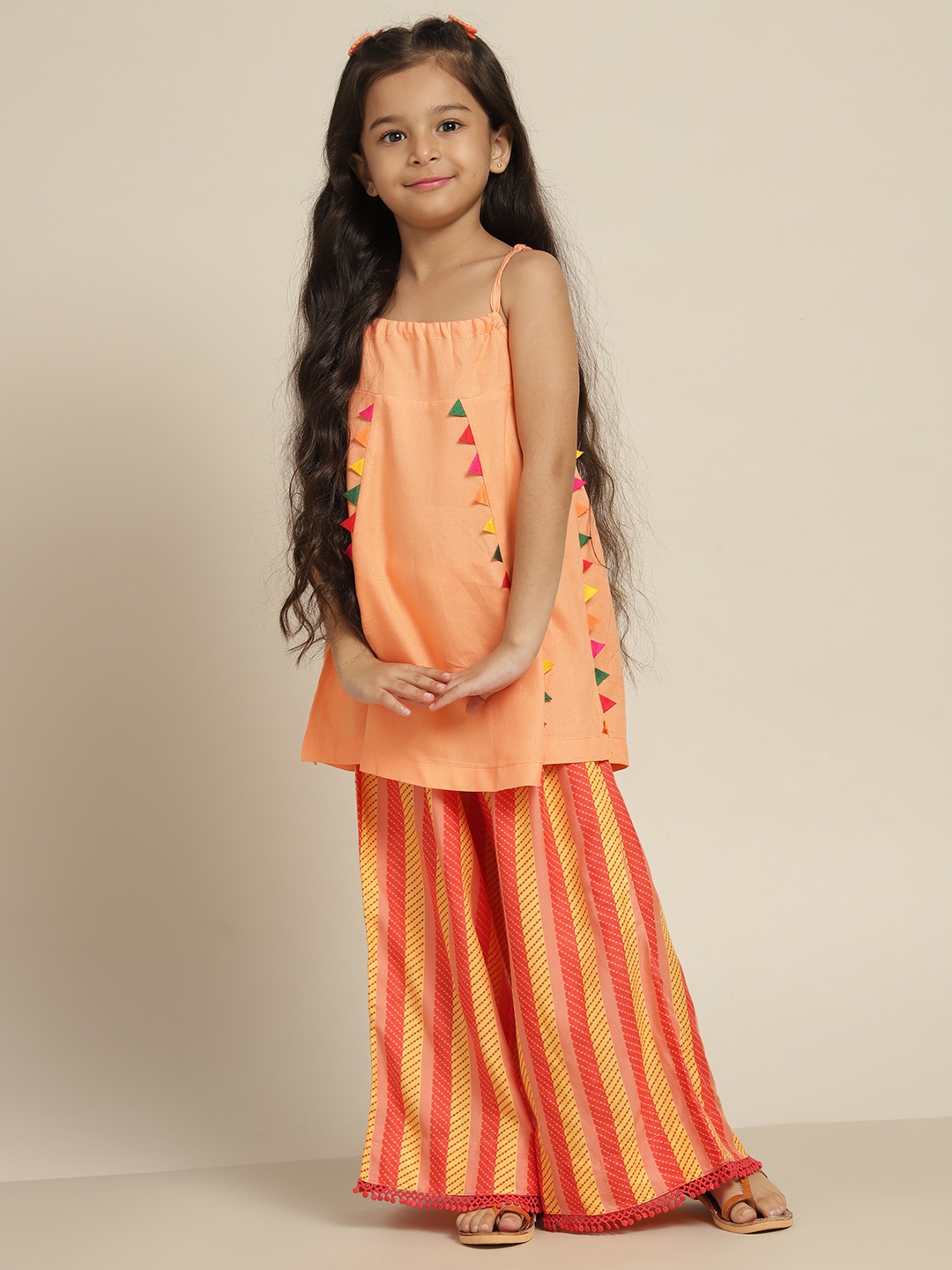 

Sangria Girls Coral Orange & Yellow Striped Wide Leg Palazzos