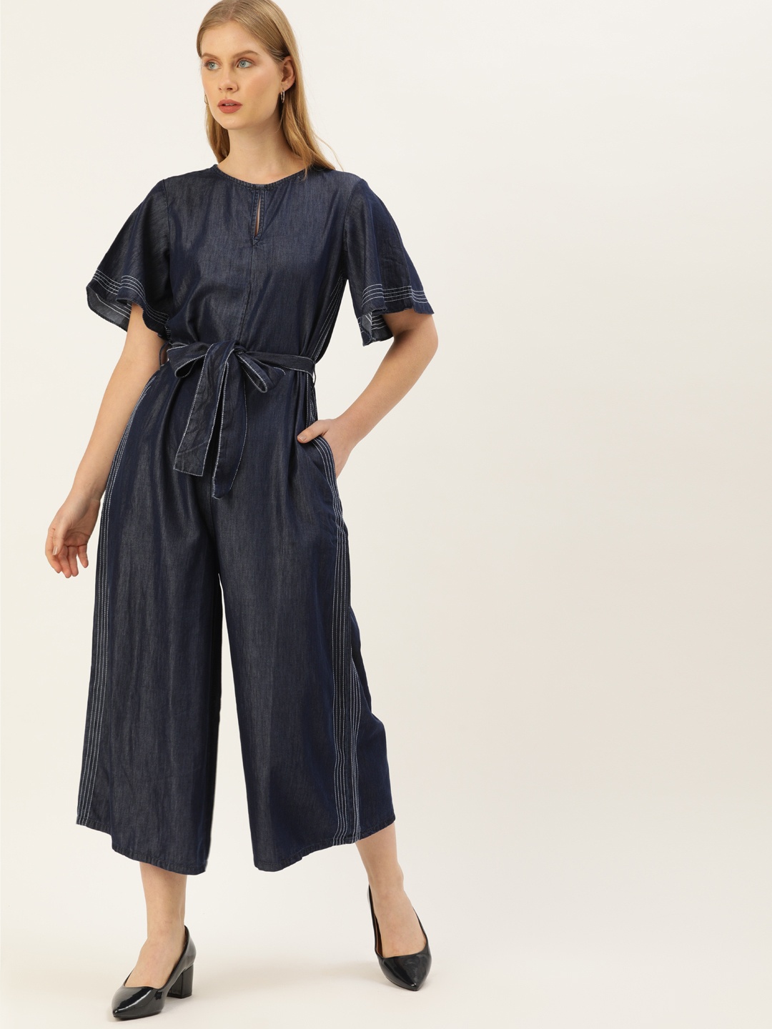 

AND Women Blue Solid Basic Jumpsuit