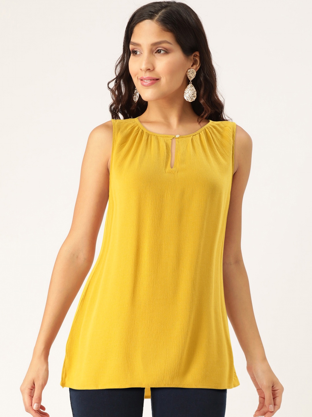 

AND Women Mustard Yellow Solid Keyhole Neck Top