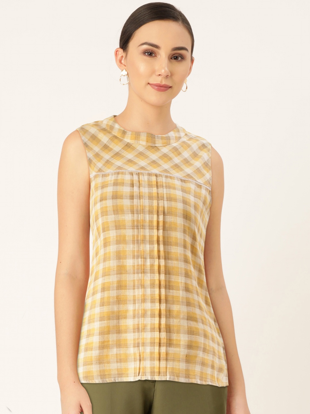 

AND Women Yellow & Off White Checked Top with Pleated Detailing