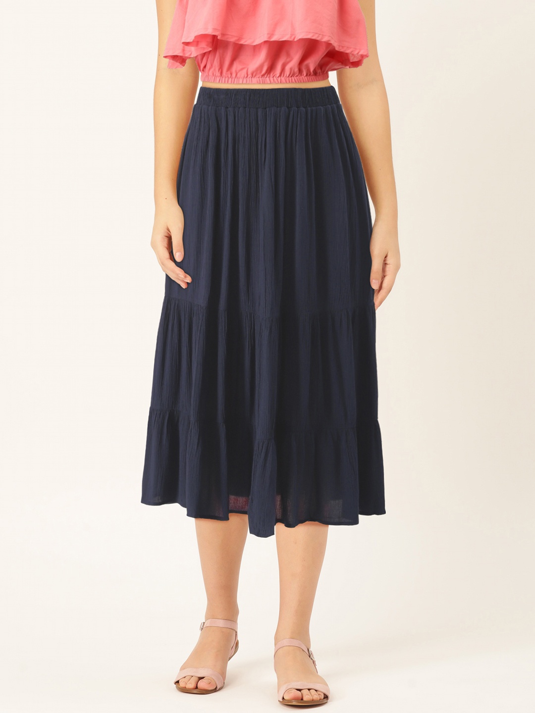 

AND Women Navy Blue Solid Flared Skirt