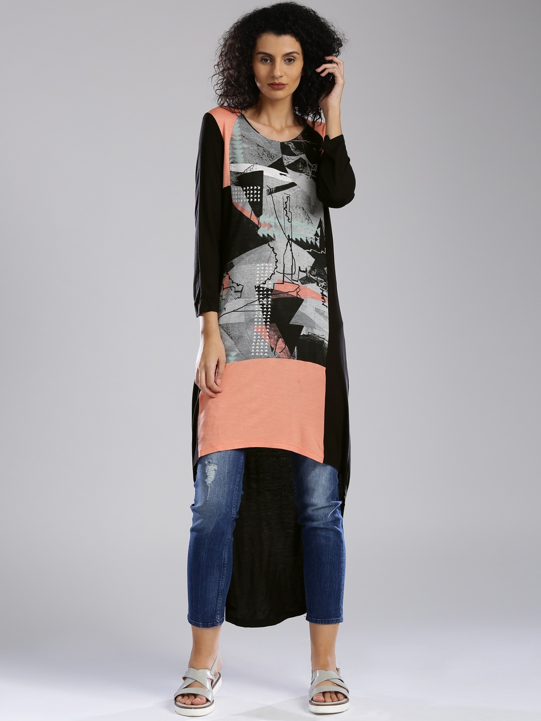 

W Black & Grey Graffiti Print High-Low Kurta