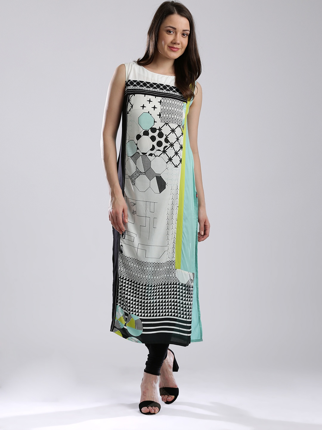 

W Off-White & Mint Green Printed Panelled Kurta