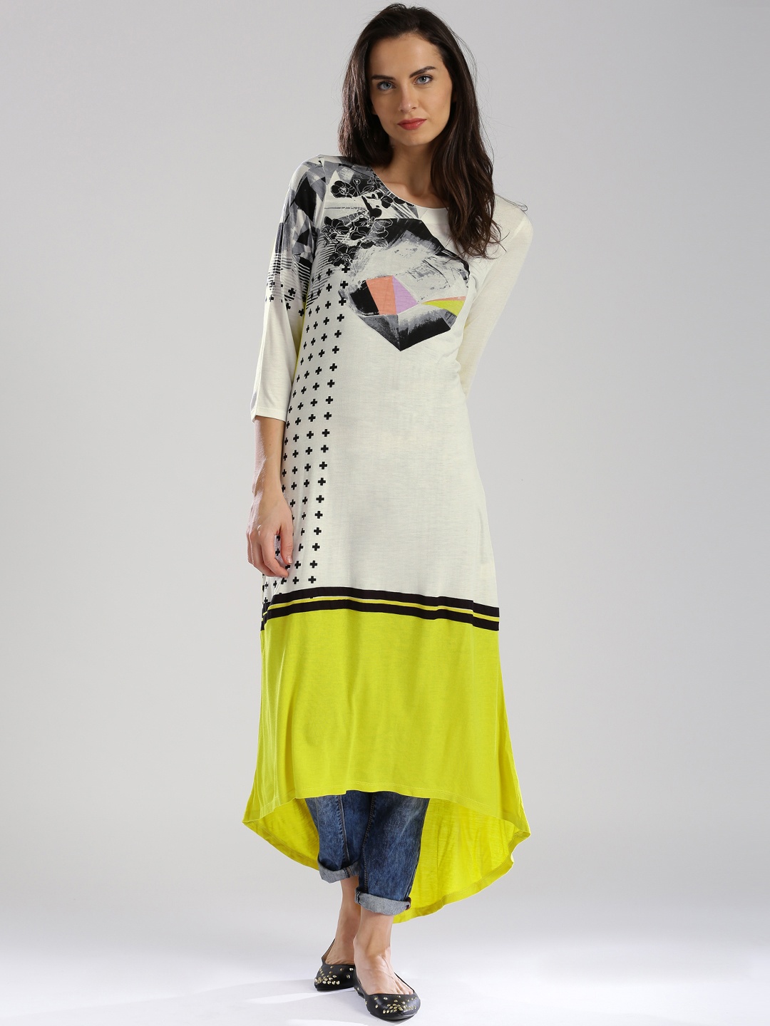 

W Off-White Yellow Printed High-Low A-Line Kurta