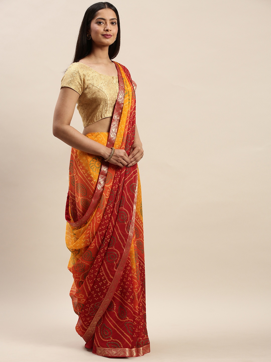 

Satrani Yellow & Red Pure Chiffon Printed Bandhani Saree