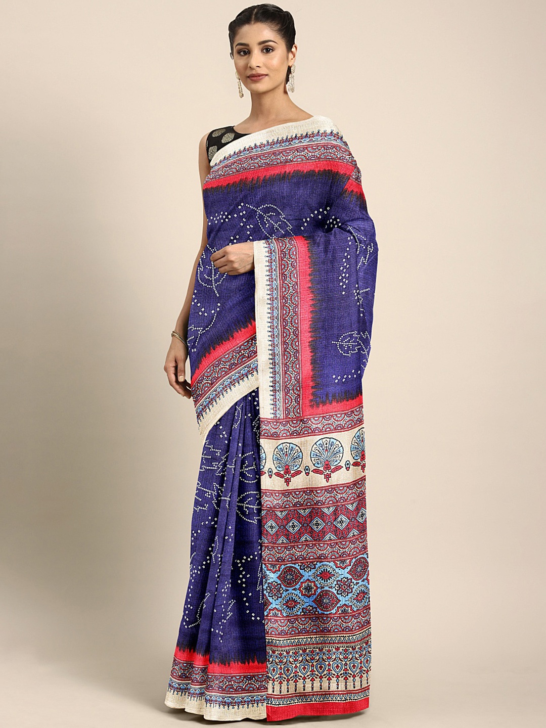 

KALINI Navy Blue & Pink Printed Saree
