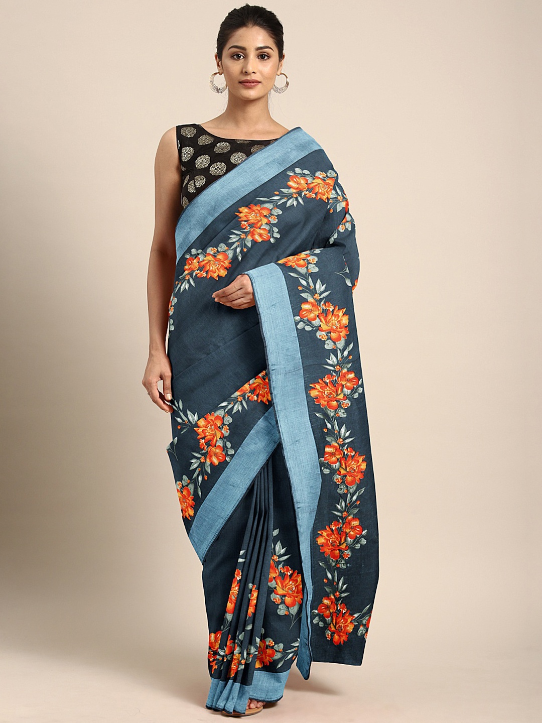 

KALINI Teal Blue & Orange Printed Taant Saree