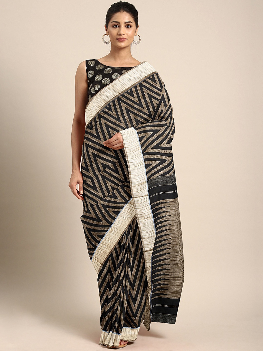 

KALINI Black & Beige Printed Taant Saree