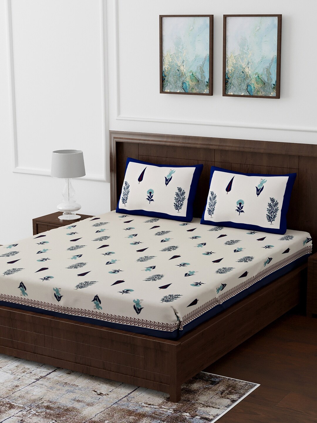 

Gulaab Jaipur White & Blue Printed Double Bedsheet With 2 Pillow Covers