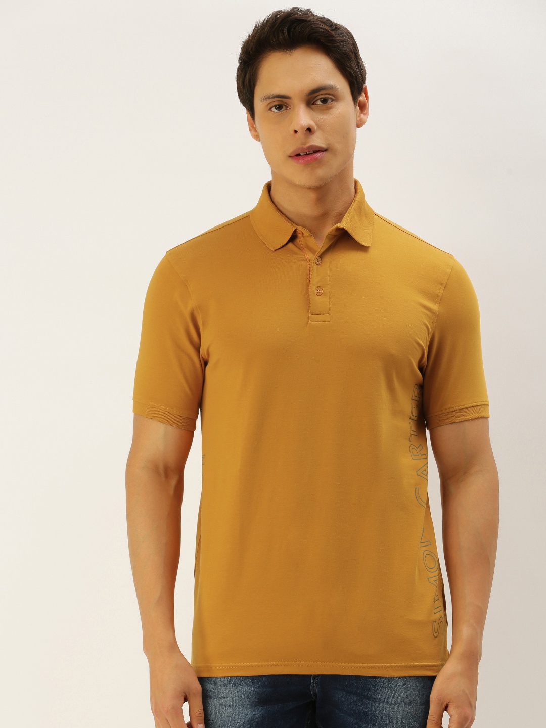 

SIMON CARTER LONDON Men Mustard Yellow Solid Polo Collar T-shirt